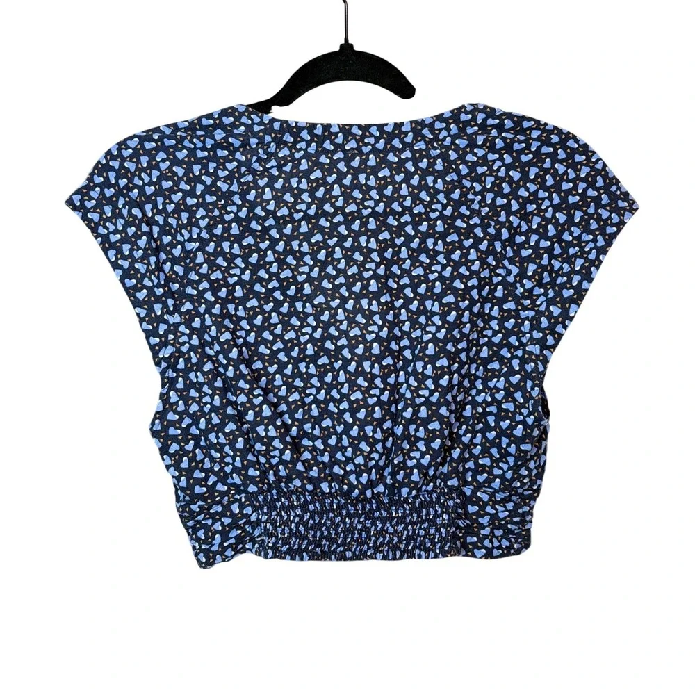 Free People Blue Heart Print Twist Front Crop Top Womens Small Linen Blend Boho - Picture 6 of 6